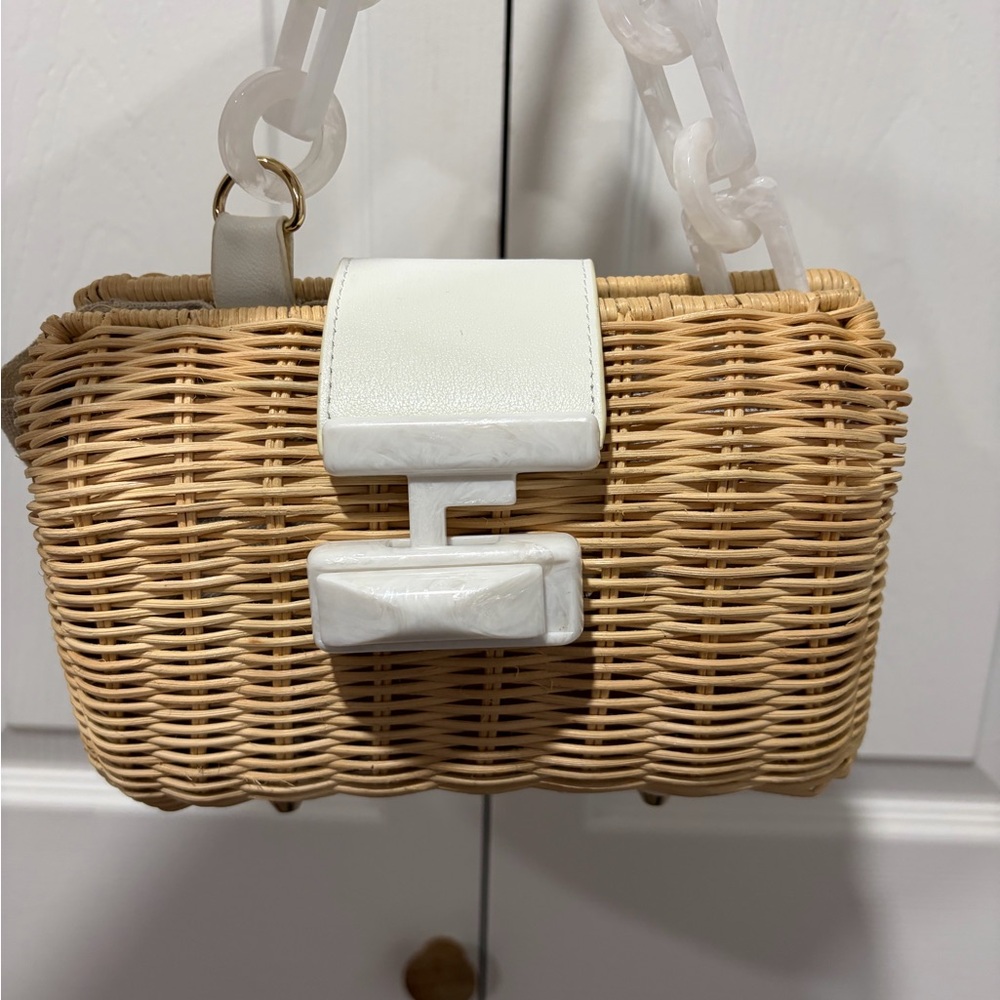 Elegant Tan Woven Mini Bag with White Accents